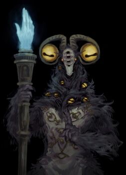 1boy absurdres black_background black_nails body_piercings disembodied_eye elden_ring elden_ring_nightreign extra_eyes fingernails goat_horns goat_legs highres holding holding_staff horizontal_pupils horns kuji-in libra_(elden_ring) mage_staff monster monster_focus mudra sharp_fingernails shl_shalopai solo staff upper_body very_big_eyes