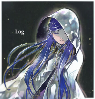 1girl blue_hair border cape closed_eyes closed_mouth facing_viewer floating_hair grey_cape honzuki_no_gekokujou hood hood_up hooded long_hair myne_(honzuki_no_gekokujou) neck_ribbon piko_stail purple_ribbon ribbon solo standing swept_bangs twintails very_long_hair white_border