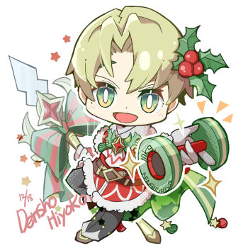 1boy alfred_(fire_emblem) alfred_(joyous_snowdrop)_(fire_emblem) blonde_hair cape capelet chibi chibi_only commentary_request fire_emblem fire_emblem_engage fire_emblem_heroes fur-trimmed_capelet fur_trim green_cape highres male_focus nintendo official_alternate_costume red_capelet ryoto_soukyuu santa_costume solo