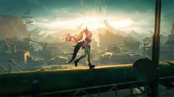 1girl architecture arknights arknights:_endfield bare_shoulders commentary_request crop_top dragon_girl dragon_horns dragon_tail drill_hair full_body gyoukan_(jfxc) highres horns long_hair pink_hair pointy_ears profile scenery shoes sneakers solo tail twin_drills twintails yvonne_(arknights)