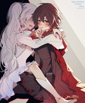 2girls akane031 artist_name black_dress blush boots cape dress gradient_hair highres holding long_hair multicolored_hair multiple_girls red_hair ruby_rose rwby scar scar_across_eye scar_on_face short_hair weiss_schnee white_dress white_hair yuri