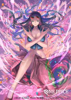 1girl bisaiiiii black_hair blue_eyes blue_jacket breasts cleavage commentary_request copyright_name cropped_jacket crossed_arms extra_arms eyewear_on_head floating_hair incoming_attack jacket large_breasts long_hair looking_at_viewer navel nico_robin official_art on_one_knee one_piece one_piece_card_game pink_petals pink_sarong red_shoes sarong shoes smile zipper