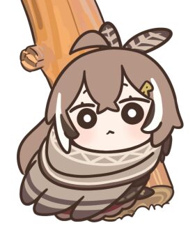 ahoge bird_tail bloodymoonia branch brown_capelet brown_cloak brown_corset capelet cloak corset feather_hair_ornament feathered_wings feathers hair_between_eyes hair_ornament hololive hololive_english long_hair multicolored_hair nanashi_mumei nanashi_mumei_(1st_costume) streaked_hair tail virtual_youtuber winged_arms wings