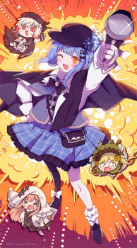 4girls ;d absurdres asymmetrical_legwear bird_hat_ornament black_bag black_capelet black_hat black_pantyhose blue_hair braid braided_hair_rings capelet chibi commentary_request deerstalker detective explosion full_body hair_rings hand_on_own_hip hat highres hikami_meruru holding holding_magnifying_glass magnifying_glass mahou_shoujo_no_majo_saiban multiple_girls one_eye_closed open_mouth orange_eyes pantyhose rii_(metro_electro) sakuraba_ema single_leg_pantyhose smile solo_focus tachibana_sherry tono_hanna