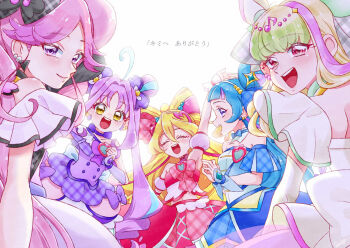 Rule 34 | 5girls, ahoge, aokaze nana, arm up, armpits, bare shoulders, blonde hair, blue bow, blue dress, blue eyes, blue hair, blush, boots, bow, bracelet, braid, breasts, bridal gauntlets, choker, commentary request, cure idol, cure kiss, cure kyunkyun, cure wink, cure zukyuun, detached sleeves, double-parted bangs, dress, earrings, elbow gloves, eyelashes, fortissimo, frilled dress, frilled sleeves, frills, gloves, gradient hair, hair between eyes, hair bow, hair ornament, hair ribbon, hairband, hands up, happy, headset, heart, heart-shaped lock, heart hair ornament, high heel boots, high heels, jewelry, kimi to idol precure, long hair, looking at viewer, magical girl, medium breasts, meroron (precure), midriff, multicolored hair, multiple earrings, multiple girls, multiple hair bows, musical note, musical note hair ornament, navel, one side up, open mouth, overskirt, pale skin, parted bangs, pearl earrings, pink dress, pink hair, pink streaks, plaid bow, plaid clothes, plaid skirt, ponytail, pota0606119, precure, purirun (precure), purple bridal gauntlets, purple choker, purple eyes, purple hair, purple overskirt, purple skirt, purple streaks, ribbon, sakura uta (precure), shigure kokoro, short sleeves, sidelocks, single bare shoulder, skirt, skirt bow, sleeveless, sleeveless dress, smile, strapless, strapless dress, streaked hair, symbol-shaped pupils, tanaka meron, tanaka purin, teardrop earrings, translation request, twin braids, twintails, two-tone hair, very long hair, wavy hair, white dress, white hairband, white sleeves, yellow eyes