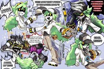 1boy 1girl absurdres android anger_vein baseball_cap black_hat black_jacket claws cosplay crossover darkpi-evan english_text face_filter fur_trim green_hair grey_hair hat highres holding holding_wig humanoid_robot jacket long_hair mechanical_arms mechanical_legs murder_drones n_(murder_drones) n_(pokemon) n_(pokemon)_(cosplay) name_connection nintendo pokemon pokemon_bw pokemon_bw2 pokemon_masters_ex purple_eyes purple_hair purple_socks robot screen short-sleeved_jacket short_hair short_sleeves smile socks speech_bubble tail two-tone_hat undershirt uzi_(murder_drones) void_cube white_hair wig wristband yellow_eyes