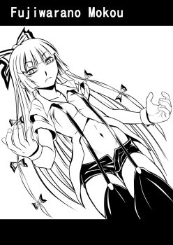 1girl ayana_mizuki bags_under_eyes blunt_bangs bow buttons character_name closed_mouth collared_shirt commentary_request cowboy_shot dutch_angle expressionless fingernails fujiwara_no_mokou greyscale hair_bow highres long_hair looking_at_viewer micro_shorts monochrome navel open_fly shirt short_sleeves shorts slit_pupils solo suspenders thighhighs touhou very_long_hair