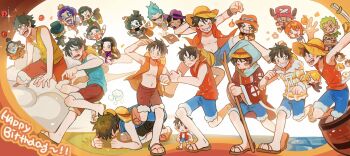 Rule 34 | 3girls, 6+boys, afro, black hair, black hat, blonde hair, blue hair, blue shorts, boa hancock, bon clay, book, brook (one piece), cake, chinese commentary, coat, commentary request, crocodile (one piece), emporio ivankov, fire, fish boy, flower, food, franky (one piece), from side, fruit, green hair, happy birthday, hat, hat on back, highres, jinbe (one piece), katana, mandarin orange, monkey d. luffy, multiple boys, multiple girls, musical note, nami (one piece), nico robin, official alternate costume, one piece, open clothes, open vest, orange hair, orange hat, pink flower, portgas d. ace, purple hair, red vest, roronoa zoro, running, sabo (one piece), sandals, sanji (one piece), shorts, skeleton, skull, sparkle, straw hat, straw hat pirates, sword, tony tony chopper, usopp, vest, weapon, wuzhou0306