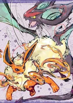 animal_focus animal_hands bat_(animal) blue_eyes border bwmtk1110 claws dragon fangs fire flareon fluffy flying full_body gen_1_pokemon gen_6_pokemon highres looking_at_viewer neck_fur nintendo no_humans noivern open_mouth orange_fur pokemon pokemon_(creature) pokemon_focus purple_background purple_border simple_background standing wings wyvern yellow_eyes yellow_fur