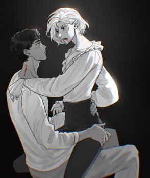 2boys bags_under_eyes black_background blood blood_on_face blue_eyes blush chromatic_aberration curly_hair dark-skinned_male dark_skin dungeon_meshi elf fangs fangs_out greyscale hand_on_another&#039;s_hip hand_on_another&#039;s_shoulder hand_on_another&#039;s_thigh highres injury kabru long_sleeves male_focus mithrun monochrome multiple_boys notched_ear omelepun pants pointy_ears shirt short_hair simple_background sitting spot_color straddling upright_straddle vampire vampire_bite yaoi