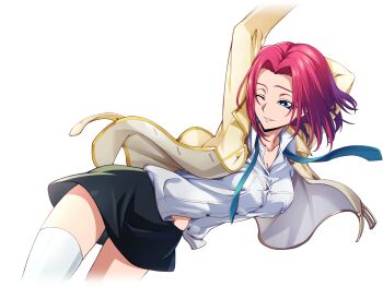 1girl aqua_necktie arm_behind_head arms_up artist_request black_skirt blue_eyes breasts buttons cleavage code_geass code_geass:_lost_stories collarbone collared_shirt cowboy_shot cropped_legs dutch_angle female_focus game_cg hair_intakes half-closed_eye happy highres jacket kouzuki_kallen leaning_forward long_sleeves looking_at_viewer medium_breasts miniskirt necktie non-web_source official_art one_eye_closed open_clothes open_jacket parted_lips pencil_skirt red_hair school_uniform shirt shirt_tucked_in short_hair sidelocks simple_background skirt smile solo standing stretching teeth thighhighs thighs transparent_background undone_necktie white_shirt white_thighhighs yellow_jacket zettai_ryouiki