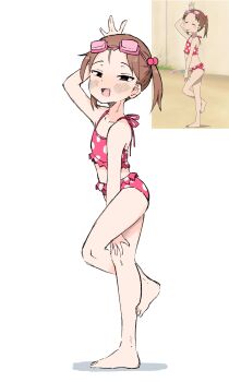 1girl absurdres between_legs bikini blush brown_eyes brown_hair frilled_bikini frills goggles goggles_on_head hand_between_legs highres ichigo_mashimaro loli matsuoka_miu polka_dot polka_dot_swimsuit scene_reference short_hair swimsuit twintails white_background zlix0n