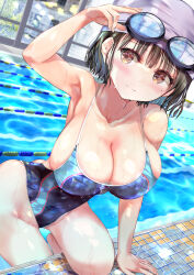 Rule 34 | 1girl, absurdres, black hair, black one-piece swimsuit, blush, breasts, brown eyes, cleavage, competition swimsuit, cowboy shot, embarrassed, goggles, goggles on head, groin, highres, lane line, large breasts, nose blush, ogata tei, one-piece swimsuit, original, pool, short hair, solo, swim cap, swimsuit, two-tone swimsuit