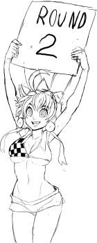 bra breasts cleft_of_venus elphelt_valentine guilty_gear headband highres holding holding_sign looking_at_viewer navel round_girl short_hair short_shorts shorts sign sketch teevo thighs underboob underwear