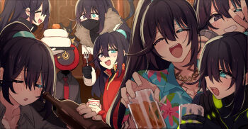 1other 6+boys armor beer_mug black_armor black_shirt blue_shirt blush bottle clock closed_eyes collared_shirt commentary_request cup dante_(limbus_company) dieci_association_south_uniform fire floral_print fork gold_trim grin half_updo hawaiian_shirt highres holding holding_bottle holding_cup holding_fork hong_lu_(project_moon) hook_office_(identity)_(project_moon) jacket jewelry k_corp._(identity)_(project_moon) kagami_mochi kurokumo_clan_(identity)_(project_moon) limbus_company liu_association_south_uniform looking_at_viewer mug multiple_boys multiple_persona necklace necktie object_head one_eye_closed project_moon red_jacket red_necktie shiki_(shikki46) shirt smile tingtang_gang_(identity)_(project_moon) v