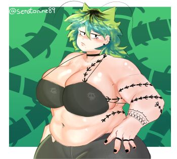 Rule 34 | 1girl, antenna hair, arthropod girl, black bra, black choker, black eyes, black pants, border, borrowed character, bra, breasts, centipede print, choker, cleavage, cockroach girl, commentary, ear piercing, earrings, english commentary, fat, fat woman, female focus, frown, gradient hair, green background, green hair, hair between eyes, high-waist pants, highres, huge breasts, jewelry, large breasts, mole, mole under mouth, multicolored hair, muscular, muscular arms, muscular female, navel, original, outside border, pants, patterned background, piercing, rochi (rrrroch1), serotonine89, shiny skin, shirt, short hair, skull print, solo, underwear, unworn shirt, variant set