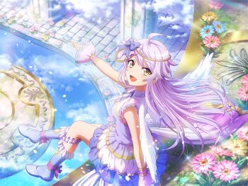 Rule 34 | 1girl, ahoge, angel wings, boots, dress, fake wings, floating hair, flower request, from side, game cg, headpiece, long hair, looking at viewer, looking to the side, official art, open mouth, otonashi ichie, pillar, purple boots, purple dress, short sleeves, shoujo kageki revue starlight, shoujo kageki revue starlight -re live-, sitting, solo, water, white wings, wings, yellow eyes