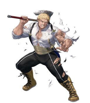 1boy axe blonde_hair clenched_teeth damaged fire_emblem fire_emblem:_three_houses fire_emblem_heroes garreg_mach_monastery_uniform giant highres holding holding_axe muscular muscular_male nintendo non-web_source official_art raphael_kirsten solo teeth torn_clothes yellow_eyes