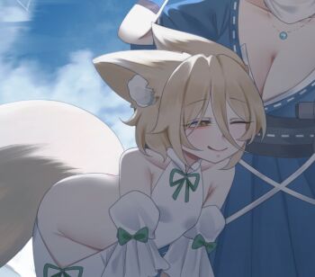 Rule 34 | 2girls, animal ears, bare hips, bent over, blonde hair, flat chest, fox ears, fox girl, fox tail, iizunamaru megumu, kudamaki tsukasa, multiple girls, no noru, one eye closed, short sleeves, sleeveless, tail, touhou, wrist cuffs, yellow eyes