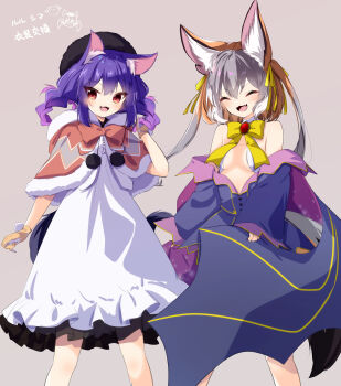 .live 2girls animal_ears bare_shoulders blue_hair bow bowtie cape dress extra_ears fox_ears fox_girl fox_tail gloves grey_hair hat highres island_fox_(kemono_friends) kemono_friends kemono_friends_v_project long_hair multicolored_hair multiple_girls open_mouth orange_hair rascala39 red_eyes ribbon rurun_rururica simple_background tail two-tone_hair virtual_youtuber