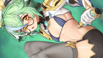 1girl animal_ears bikini bikini_top_only blush breasts garter_straps genshin_impact glasses gloves green_hair hat long_sleeves mikeymegamega open_clothes potion shorts small_breasts solo string_bikini sucrose_(genshin_impact) swimsuit thighhighs underboob yellow_eyes
