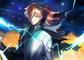 1boy aki_(neyuki41028) blurry chaldea_logo chaldea_uniform depth_of_field fate/grand_order fate_(series) gloves green_eyes lab_coat orange_hair ponytail romani_archaman solo white_gloves