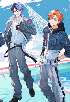 2boys aoyagi_touya black_gloves blue_hair closed_mouth commentary_request cropped cropped_jacket earrings fingerless_gloves ggmimigi gloves green_eyes grey_eyes hand_in_pocket hand_on_own_hip highres jacket jewelry looking_at_viewer male_focus mole mole_under_eye multicolored_hair multiple_boys orange_hair project_sekai shinonome_akito sleeves_rolled_up smile sparkle split-color_hair teeth third-party_edit third-party_source white_gloves