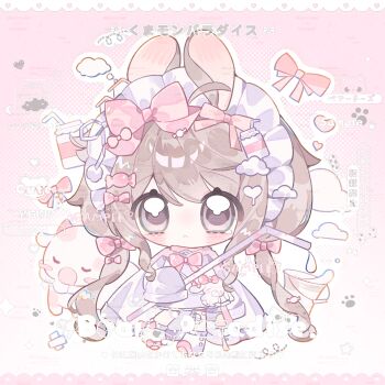 1girl :< animal_ears bandaid bandaid_on_knee bandaid_on_leg blush bow bowtie brown_hair chibi chibi_only closed_mouth dress full_body gradient_background hair_bow highres long_hair long_sleeves low_twintails original pink_background pink_bow pink_bowtie pink_eyes pink_shoes rabbit_ears rabbit_girl shoes sleeves_past_fingers sleeves_past_wrists socks solo standing twintails watermark white_dress white_socks yikemaohetao