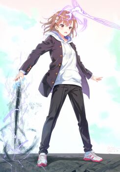1girl a_certain_high_school_uniform alternate_costume black_jacket black_pants borrowed_clothes brown_eyes brown_hair cosplay crossdressing crossdressing_(ftm) electricity electrokinesis eritri full_body gakuran hair_ornament hairpin highres hood hoodie jacket jacket_over_hoodie kamijou_touma kamijou_touma_(cosplay) long_sleeves magnetism medium_hair metal_sand misaka_mikoto open_clothes open_jacket open_mouth pants revision school_uniform shoes simple_background sneakers solo standing toaru_majutsu_no_index toaru_majutsu_no_index:_new_testament variant_set white_background white_hoodie white_shoes