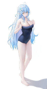 1girl absurdres ahoge barefoot blue_hair blue_one-piece_swimsuit blue_streaks breasts cleavage colored_tips commentary_request covered_navel crossed_bangs double-parted_bangs double_strap_slip feet flower full_body hair_between_eyes hair_flower hair_ornament heart heart_ahoge highres hololive large_breasts long_hair looking_at_viewer multicolored_hair one-piece_swimsuit partial_commentary pointy_ears school_swimsuit seriponpoyon simple_background snowflake_hair_ornament solo strap_slip streaked_hair swimsuit toes very_long_hair virtual_youtuber white_background yellow_eyes yukihana_lamy