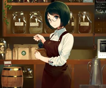 1girl apron bag barista barrel black_eyes black_hair breasts coffee_grinder coffee_pot female_focus glasses jar long_sleeves looking_at_viewer original rimless_eyewear sasamori_tomoe short_hair solo