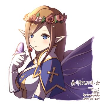 Rule 34 | 1girl, blue capelet, blue eyes, blush, breasts, brown hair, bug, butterfly, butterfly wings, capelet, closed mouth, commentary request, cross, flower, flower in mouth, gloves, head wreath, highres, insect, insect wings, long hair, looking at viewer, medium breasts, pointy ears, purple butterfly, purple wings, ragnarok masters, ragnarok online, red flower, saint (ragnarok masters), sakuraji tomoka, simple background, smile, solo, upper body, white background, white gloves, wings