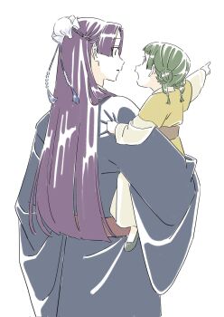 1boy 1girl aged_down arm_around_shoulder arm_around_waist black_robe blunt_bangs bun_cover carrying carrying_person child dangomochi2 double_bun dress flats green_hair hair_bun hair_ornament highres jinshi_(kusuriya_no_hitorigoto) kusuriya_no_hitorigoto long_hair looking_at_another maomao_(kusuriya_no_hitorigoto) medium_hair open_mouth parted_bangs pointing purple_hair robe talking tassel tassel_hair_ornament white_background yellow_dress