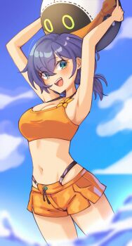 1girl armpits arms_up ball bangboo_(zenless_zone_zero) bare_arms beachball belle_(summer_skies)_(zenless_zone_zero) belle_(zenless_zone_zero) bikini blue_background blue_hair blue_sky breasts cleavage commentary cowboy_shot eous_(zenless_zone_zero) green_eyes highres holding large_breasts looking_at_viewer navel no_shirt open_mouth orange_bikini orange_shorts sher_(imnotsher) short_hair short_shorts shorts sky smile solo standing stomach swimsuit teeth upper_teeth_only zenless_zone_zero
