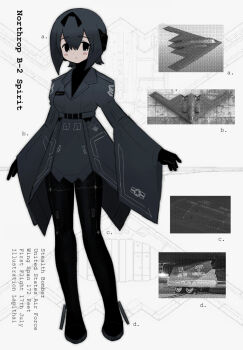 1girl aircraft airplane b-2_spirit black_eyes black_gloves black_pants blush_stickers bob_cut bomber character_name check_copyright commentary comparison copyright_request diagram dot_nose english_text epaulettes full_body gloves grey_hair grey_jacket hair_between_eyes hair_ornament jacket lapels lapithai long_sleeves military_vehicle notched_lapels original pants personification photo_inset real_life_insert reference_inset short_hair solo united_states_air_force white_background wide_sleeves