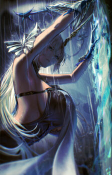 1girl absurdres armpits arms_up artist_name black_dress blonde_hair blue_eyes blue_hands breasts commentary crown_of_thorns dress fleurdelys_(wuthering_waves) from_side hand_on_wall highres horns huge_breasts kenn_artz long_hair parted_lips rain single_horn solo tabard upper_body very_long_hair water wet white_tabard wuthering_waves