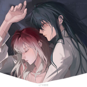 2girls black_hair chinese_commentary closed_eyes closed_mouth collared_shirt commentary_request cuddling earrings from_above gradient_hair highres jewelry long_hair long_sleeves miix777 multicolored_hair multiple_girls path_to_nowhere rahu_(path_to_nowhere) red_hair scar scar_across_eye scar_on_arm scar_on_face shalom_(path_to_nowhere) shirt sleeping stud_earrings watermark weibo_watermark white_hair white_shirt yuri