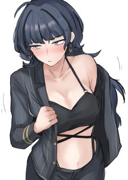 1girl absurdres black_bra black_hair black_pants black_shirt bra breasts collarbone commentary_request earrings highres jewelry kanikama25 kashimoto_riko long_hair looking_to_the_side medium_breasts navel open_clothes open_shirt pants purple_eyes shirt simple_background solo umamusume underwear white_background