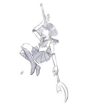 1girl artist_logo bishoujo_senshi_sailor_moon boots bow bowtie elbow_gloves from_side full_body gloves greyscale holding holding_polearm holding_weapon knee_boots logo looking_up miniskirt monochrome outer_senshi pleated_skirt polearm sailor_collar sailor_saturn sailor_senshi sailor_senshi_uniform sailornishin short_hair silence_glaive simple_background skirt solo tomoe_hotaru weapon