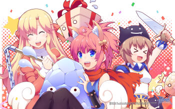 &gt;_&lt; 3girls :d angel_wings animal_ears bell blonde_hair bloodshot_eyes blue_eyes blue_shirt blush bow box braid breasts brown_hair chibi_(nekomimimi) confetti copyright_notice crystal_(ragnarok_online) deviruchi deviruchi_hat dress extra_ears fang folded_ponytail fox_ears foxglove gift gift_box guest_art hair_bell hair_bow hair_ornament hair_ribbon half_up_braid halftone halftone_background hat high_priest_(ragnarok_online) highres holding holding_flail holding_sword holding_weapon jingle_bell juliet_sleeves logo long_hair long_sleeves looking_at_viewer medium_breasts multiple_girls myst_case ninja_(ragnarok_online) official_art official_wallpaper open_mouth pink_hair puffy_sleeves ragnarok_online red_bow red_dress red_ribbon red_scarf ribbon scarf shirt short_hair skin_fang sleeveless sleeveless_shirt smile super_novice_(ragnarok_online) sword teeth turtleneck turtleneck_shirt two-tone_dress two-tone_shirt upper_body upper_teeth_only vambraces weapon white_dress white_shirt wings xd