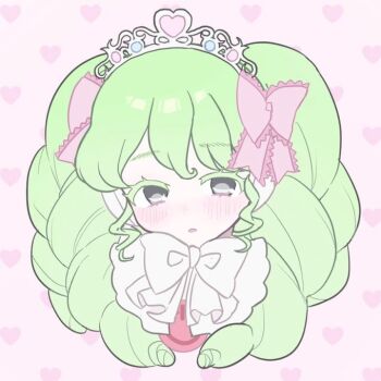 1girl bow bowtie colored_eyelashes commentary_request expressionless falulu green_hair grey_eyes hair_bow heart long_hair looking_at_viewer pink_bow portrait pretty_series pripara smo_(smori30) solo tiara twintails white_bow white_bowtie