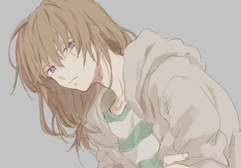 Rule 34 | 1boy, blonde hair, commentary request, expressionless, grey background, hood, hood down, hooded jacket, jacket, long hair, low-tied long hair, male focus, minashiro soushi, purple eyes, sawa2, scar, scar across eye, scar on face, shirt, simple background, solo, soukyuu no fafner, striped clothes, striped shirt, upper body