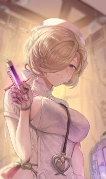 Rule 34 | 1girl, ao hoshi, blonde hair, braid, braided bangs, breasts, cage, chain, china dress, chinese clothes, commentary request, coronis (springseek) (stella sora), coronis (stella sora), dress, floral print, from below, garter belt, glint, gloves, hair over one eye, hair ribbon, hat, heart, highres, holding, holding syringe, indoors, lace, lace gloves, large breasts, looking at viewer, looking down, mole, mole above eye, mole on forehead, nurse, nurse cap, purple eyes, rectangular cage, red ribbon, ribbon, see-through clothes, see-through gloves, short hair, shrug (clothing), sideboob, sideless dress, smile, solo, stella sora, stethoscope, swept bangs, syringe, white dress, white hat, white ribbon, white shrug