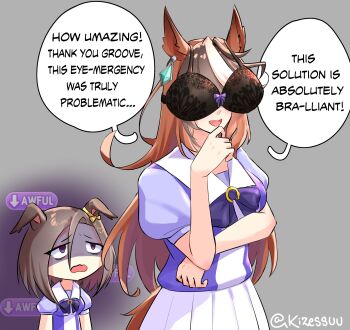 Rule 34 | 2girls, absurdres, air groove (umamusume), animal ears, black bra, bow, bowtie, bra, bra on head, bra over eyes, breasts, brown hair, commentary, ear bow, english commentary, english text, floral print, hair between eyes, highres, horse ears, horse girl, horse tail, horseshoe ornament, kizuchu, long hair, meme, mood (umamusume), multicolored hair, multiple girls, object on head, pun, purple bow, purple bowtie, purple sailor collar, purple serafuku, purple shirt, sailor collar, sailor shirt, school uniform, serafuku, shirt, short hair, streaked hair, summer uniform, symboli rudolf (umamusume), tail, tracen school uniform, twitter username, umamusume, underwear, white hair
