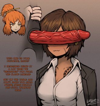 2girls artist_name blush breasts brown_hair chest_tattoo cleavage closed_mouth collarbone collared_shirt commentary covered_eyes dark-skinned_female dark_skin dildo earrings english_commentary english_text facial_scar grey_background hair_ornament hair_stick highres holding holding_sex_toy irezumi ishmael_(project_moon) jacket jacket_on_shoulders jewelry kurokumo_clan_(identity)_(project_moon) leoderorero limbus_company long_sleeves medium_breasts multiple_girls orange_hair outis_(project_moon) penis project_moon scar scar_on_cheek scar_on_face sex_toy shirt short_hair simple_background smile strap-on tattoo veins veiny_penis white_shirt yellow_eyes yuri