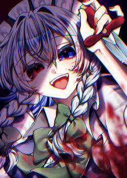 Rule 34 | 1girl, :d, arm up, blood, blood on face, blood splatter, blue hair, bow, braid, chromatic aberration, collared shirt, commentary request, fingernails, green bow, grey hair, hair between eyes, hair bow, heterochromia, highres, holding, holding knife, izayoi sakuya, knife, looking at viewer, maid, maid headdress, nail polish, open mouth, red eyes, red nails, shigure. (tennensui), shirt, short hair, smile, solo, teeth, touhou, twin braids, upper body, upper teeth only, white headdress, white shirt