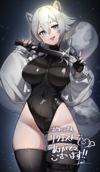1girl :p animal_ear_fluff animal_ears assassin asymmetrical_sidelocks belt_pouch black_gloves black_leotard black_thighhighs breasts close-up commentary_request commission covered_collarbone covered_navel cowboy_shot double-parted_bangs fang fingerless_gloves flipped_hair gloves gradient_hair grey_hair grey_nails hair_between_eyes halftone hand_up head_tilt highleg highleg_leotard highres holding holding_knife jacket knife large_breasts leg_belt leopard_ears leotard looking_at_viewer medium_hair moon moonlight multicolored_hair night open_clothes open_hand open_jacket original pouch sidelocks signature skeb_commission skindentation sky sleeves_past_wrists snow_leopard_girl snow_leopard_tail solo standing star_(sky) starry_sky tail thigh_strap thighhighs tongue tongue_out translation_request upper_body white_hair white_jacket yau5531 zipper zipper_leotard
