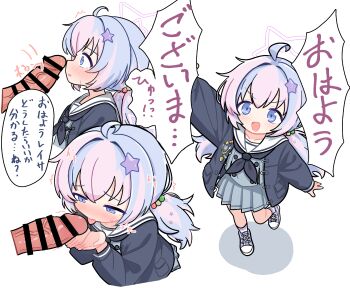 1boy 1girl ahoge arm_up bar_censor beads black_jacket black_neckerchief blue_archive blue_eyes blue_hair blue_jacket blush censored cupping_hands erection fellatio grey_serafuku grey_shirt grey_skirt hair_beads hair_between_eyes hair_ornament hair_scrunchie halo hetero jacket large_penis licking licking_penis loli long_hair long_sleeves looking_at_penis low_twintails multicolored_hair multiple_views neckerchief open_clothes open_jacket open_mouth oral own_hands_together penis penis_awe pink_hair pink_halo pleated_skirt purple_eyes purple_hair reisa_(blue_archive) sailor_collar scarfy_(scarfy_chang) school_uniform scrunchie serafuku shirt shoes simple_background skirt smile sneakers socks sound_effects speech_bubble star_(symbol) star_hair_ornament streaked_hair tongue tongue_out translation_request twintails two-tone_hair white_background white_sailor_collar