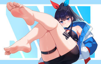 1girl barefoot black_hair blue_eyes feet foot_focus gher5 gridman_universe highres light_blush long_hair looking_at_viewer ponytail soles ssss.gridman takarada_rikka takarada_rikka_(solarain_toys)