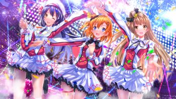 10s 3girls :d ;d arms_up bad_id bad_pixiv_id beret black_bow black_bowtie blue_eyes blue_hair bow bowtie brown_eyes brown_hair buttons confetti double-breasted dutch_angle earrings fireworks floodlights hand_on_own_chest hat highres idol jewelry kosaka_honoka long_hair long_sleeves love_live! love_live!_school_idol_project minami_kotori miniskirt multiple_girls necktie one_eye_closed open_mouth outstretched_arms round_teeth skirt smile sonoda_umi spotlight stage standing standing_on_one_leg swordsouls teeth uniform yellow_eyes